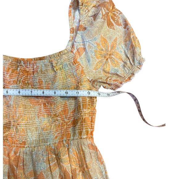 ROXY Peach Floral Mini Sundress Sun Dress Soft Smocked Babydoll Size SMALL - Picture 3 of 7